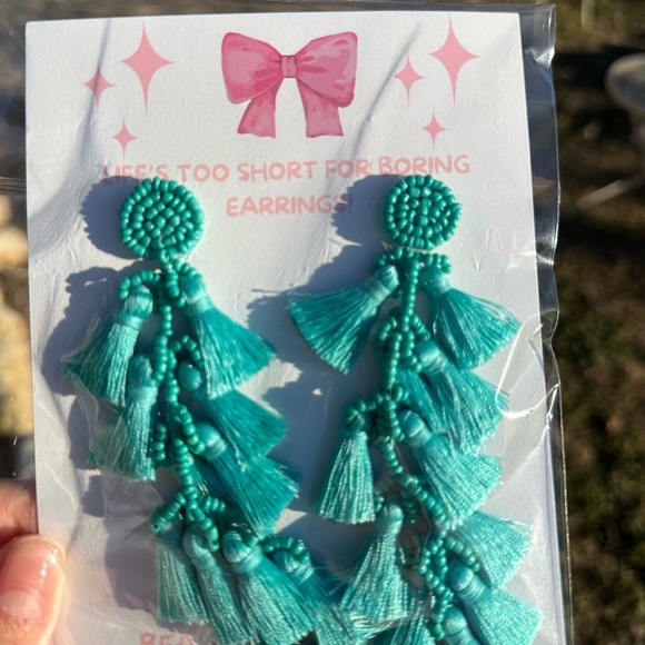 Beaded Tassel Earrings in Teal - Picture 4 of 4